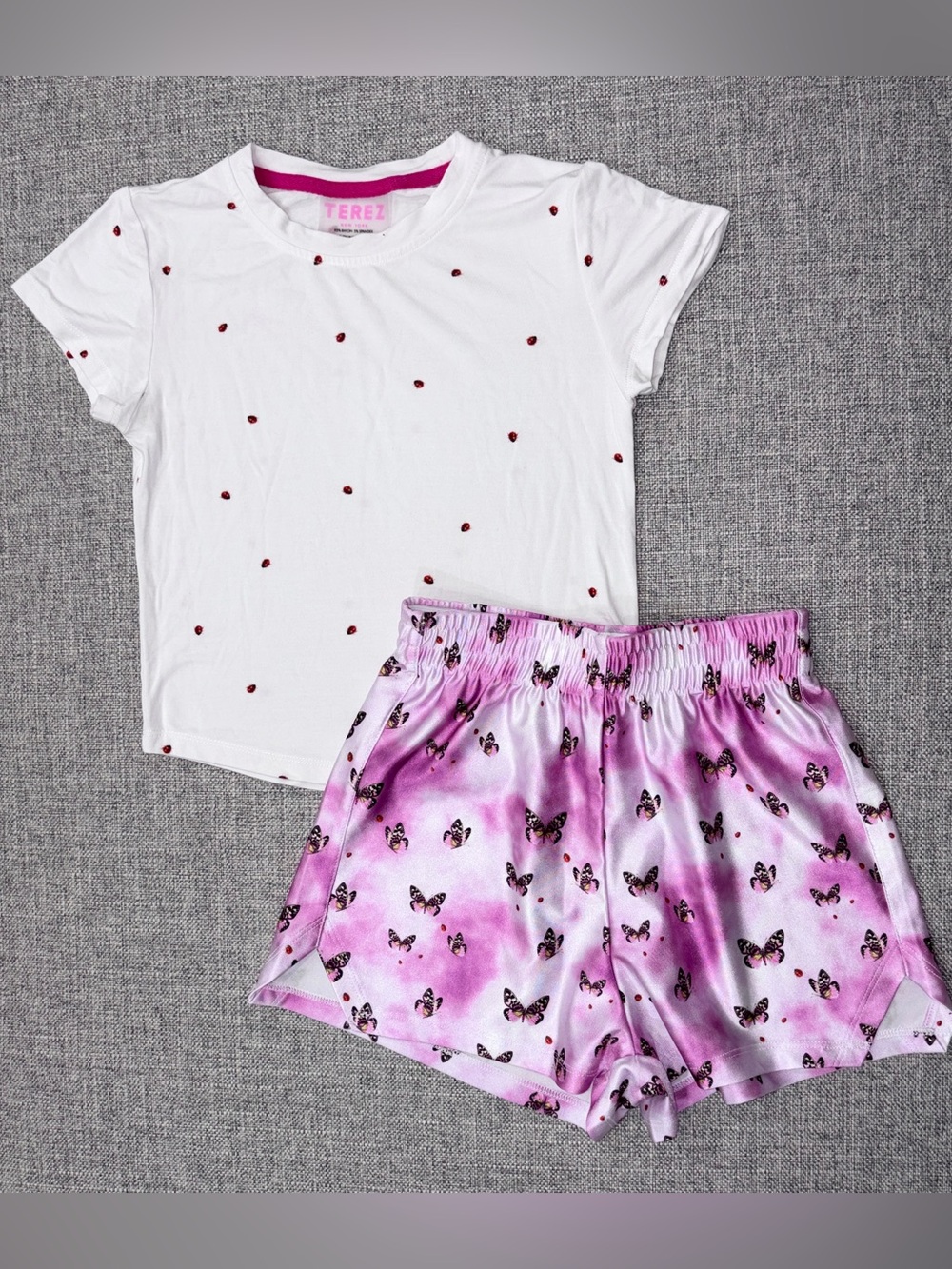 Terez White Tee & Pink Butterfly Satin Shorts Set